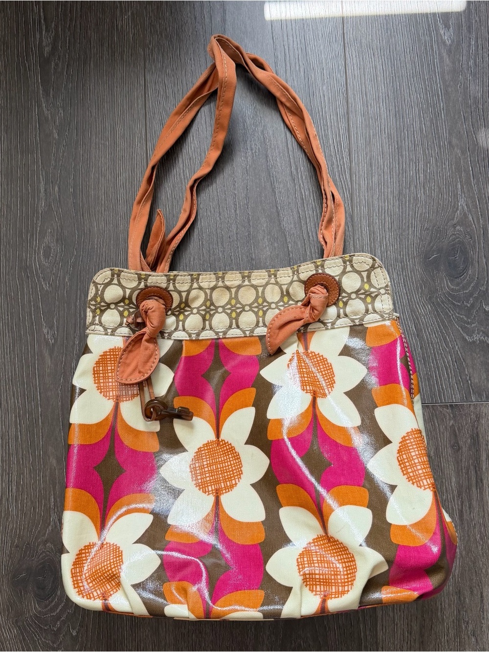 Fossil Tote Bag in Orange, Pink and Brown